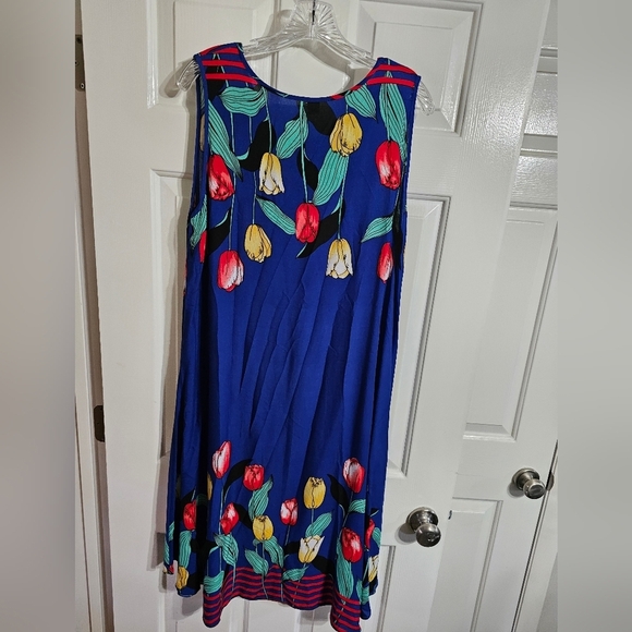 Vintage Women’s M/L Sleeveless Dress Blue Cotton Tulip Floral Retro Boho Resort - Picture 3 of 6